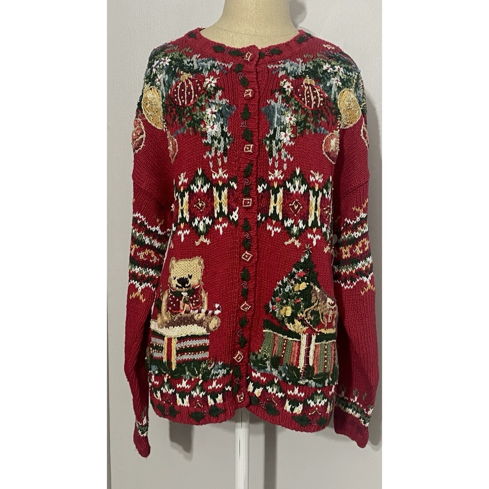 Vintage Christmas Embroidered Sweater Tiara International Holiday Party Bear